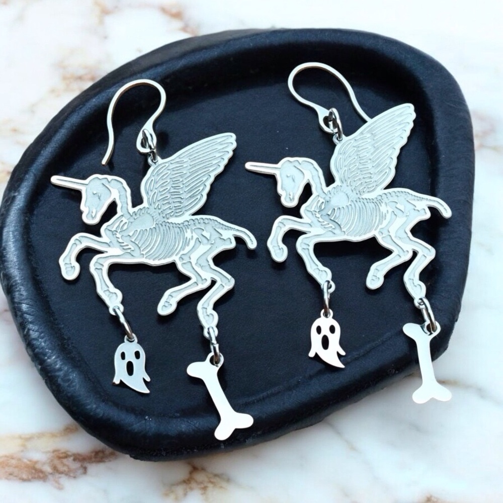 🆕 Pegasus Skeleton, Ghost, and Bones Laser Etched Earrings Stainless Steel